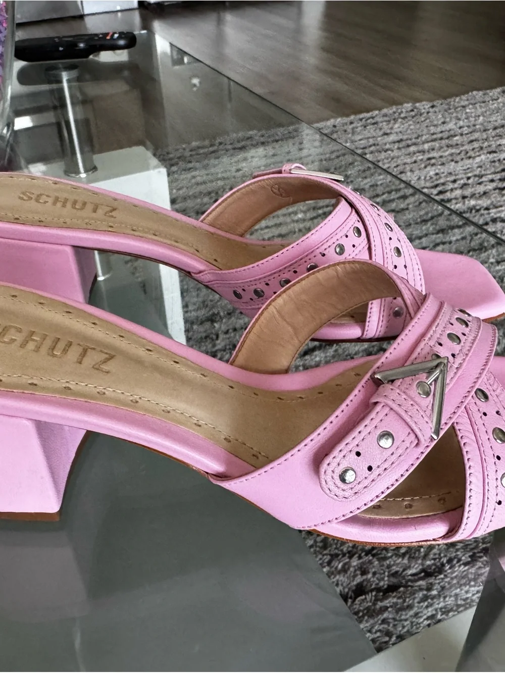 Schutz Pink Leather Block Heel Slide Sandals